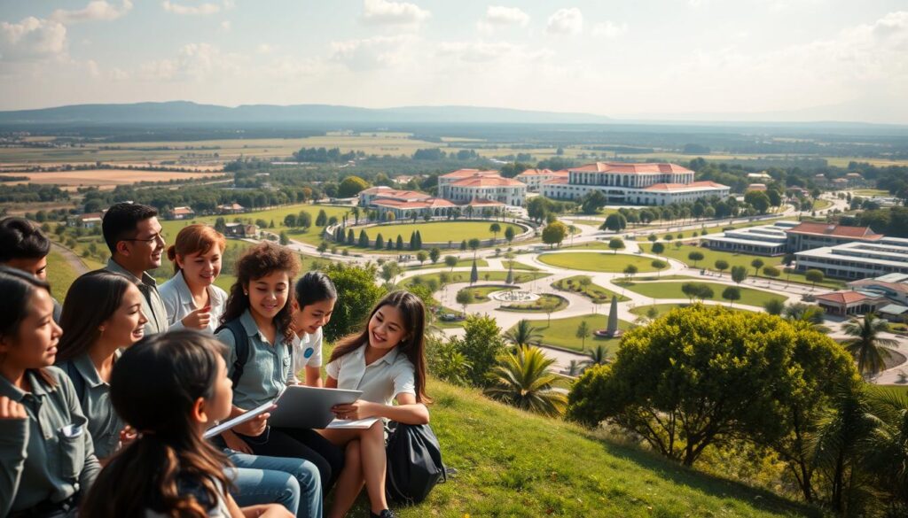 A breathtaking landscape showcasing the essence of quality education. In the foreground, a group of diverse students engrossed in lively discussions, their faces radiant with excitement and curiosity. The middle ground features a modern, well-equipped classroom, with state-of-the-art technology and learning materials, all bathed in warm, natural lighting. In the background, a sprawling campus with manicured gardens, inspiring architecture, and a sense of tranquility, symbolizing the holistic approach to education. The scene conveys a harmonious blend of academic rigor, personal growth, and a nurturing environment, embodying the vision and mission of the CT Arsa Foundation. A breathtaking landscape showcasing the essence of quality education. In the foreground, a group of diverse students engrossed in lively discussions, their faces radiant with excitement and curiosity. The middle ground features a modern, well-equipped classroom, with state-of-the-art technology and learning materials, all bathed in warm, natural lighting. In the background, a sprawling campus with manicured gardens, inspiring architecture, and a sense of tranquility, symbolizing the holistic approach to education. The scene conveys a harmonious blend of academic rigor, personal growth, and a nurturing environment, embodying the vision and mission of the CT Arsa Foundation.