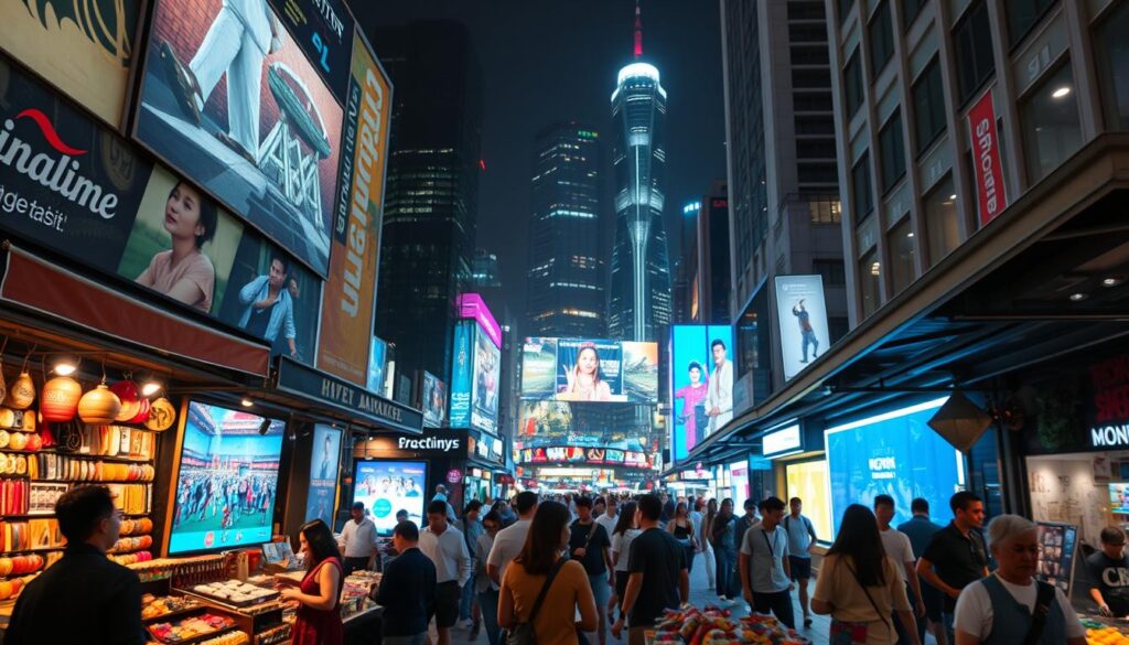 A bustling digital marketplace, where local culture thrives amidst the modern landscape. In the foreground, artisans showcase their handcrafted wares, blending traditional techniques with contemporary design. The middle ground reveals a vibrant mix of digital screens and holographic displays, showcasing cultural content and interactive experiences. In the background, a cityscape rises, its sleek architecture and neon-lit streets providing a futuristic backdrop to the scene. Soft, diffused lighting casts a warm, inviting glow, while the camera angle captures the energy and dynamism of this digital-age cultural fusion.