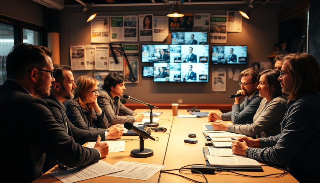 A bustling media studio, with writers and editors gathered around a conference table, deep in discussion. Warm, focused lighting illuminates their faces, conveying the intensity of their dialogue. In the background, a wall-mounted display showcases various media formats - newspapers, magazines, and digital screens. The atmosphere is one of professional collaboration, as the team navigates the nuances of crafting impactful narratives for their audience. Subtle hints of technology, such as microphones and cables, suggest the modern, multifaceted nature of media dialogue.