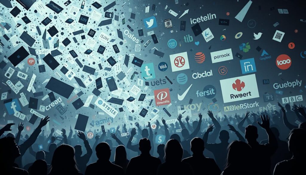 A hyper-realistic digital illustration depicting the impact of viral content on the public and brands. In the foreground, a swirling maelstrom of social media posts, trending hashtags, and viral memes cascades across the frame, creating a sense of overwhelming digital chaos. In the middle ground, silhouetted figures representing the public react with a range of emotions - awe, confusion, outrage - as they are buffeted by the viral storm. In the background, corporate logos and brand identities are fragmented and distorted, symbolizing the precarious nature of brand reputation in the age of rapid, uncontrolled information dissemination. Dramatic cinematic lighting casts dramatic shadows, heightening the sense of drama and urgency. The overall tone is one of turbulence, volatility, and the profound, unpredictable impact of viral digital culture.