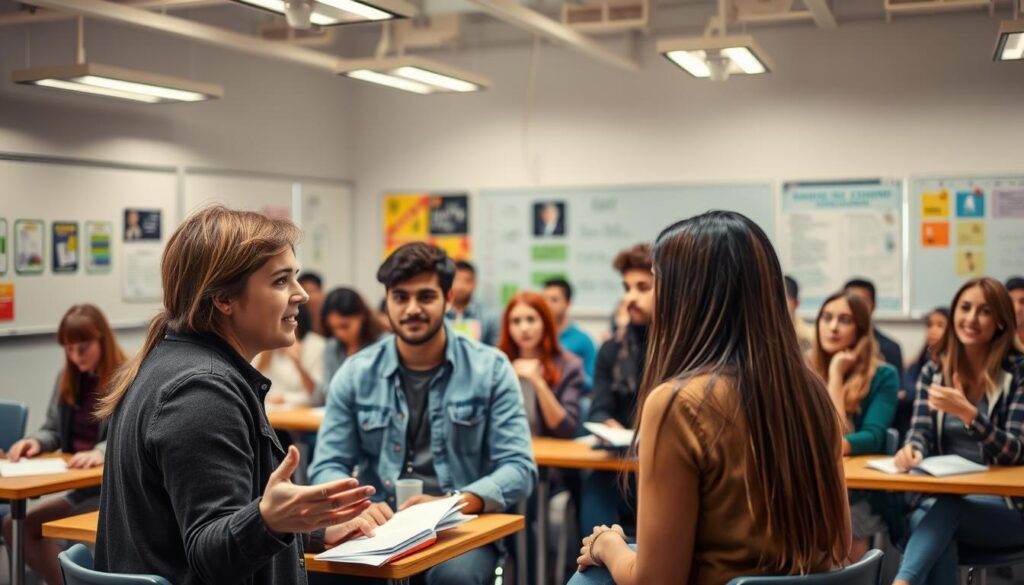 A lively classroom setting, with students engaged in a thoughtful discussion. The foreground features two students facing each other, gesticulating animatedly as they exchange ideas. The middle ground showcases a diverse group of students, some taking notes, others raising their hands, creating an atmosphere of active learning. The background depicts a well-lit, modern classroom, with whiteboards, educational posters, and a sense of intellectual curiosity. The lighting is warm and natural, capturing the energy and enthusiasm of the educational dialogue. The overall scene conveys the power of communication as a tool for learning, growth, and personal development.