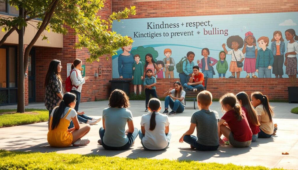 A serene school courtyard with students and teachers engaged in constructive dialogue, discussing strategies to prevent bullying. The scene is bathed in warm, natural lighting, creating a sense of openness and trust. In the foreground, a group of students sit in a circle, listening attentively as a teacher guides them through role-playing exercises. In the middle ground, teachers collaborate, sharing best practices and resources. In the background, a mural depicting kindness, respect, and diversity serves as a powerful visual reminder of the school's commitment to fostering a safe and inclusive environment.