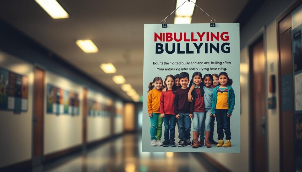 A serene school hallway, dimly lit with warm overhead lighting, showcases a vibrant anti-bullying policy poster. The poster features a diverse group of students standing united, their expressions conveying a sense of empowerment and solidarity. The background blurs, emphasizing the policy text, which is displayed prominently in a bold, legible font. The scene evokes a feeling of inclusivity, safety, and a proactive approach to addressing bullying within the educational institution. The overall composition suggests a well-considered, thoughtful implementation of an anti-bullying curriculum, fostering a nurturing and supportive learning environment.