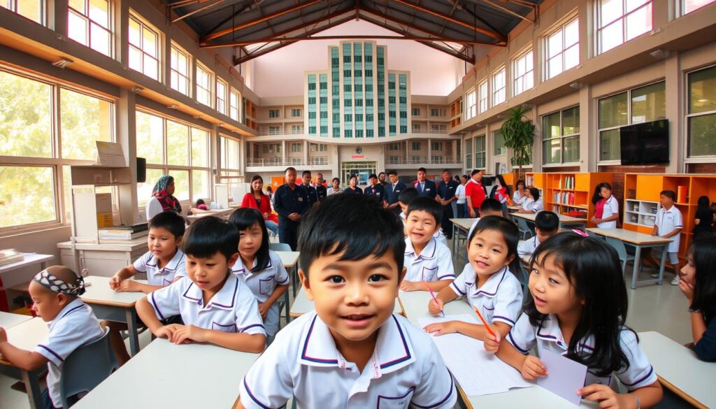 A vibrant, panoramic scene of a community-driven "Sekolah Rakyat" (People's School) campus. In the foreground, a group of enthusiastic students in school uniforms engage in hands-on learning activities, surrounded by modern, well-equipped classrooms with large windows that flood the space with warm, natural light. In the middle ground, a team of dedicated teachers and administrators coordinate the school's operations, while in the background, a towering, modern school building stands as a symbol of the government's substantial financial and infrastructural support for this innovative educational initiative. The scene conveys a sense of empowerment, collaboration, and a shared commitment to providing accessible, high-quality education for the community. A vibrant, panoramic scene of a community-driven "Sekolah Rakyat" (People's School) campus. In the foreground, a group of enthusiastic students in school uniforms engage in hands-on learning activities, surrounded by modern, well-equipped classrooms with large windows that flood the space with warm, natural light. In the middle ground, a team of dedicated teachers and administrators coordinate the school's operations, while in the background, a towering, modern school building stands as a symbol of the government's substantial financial and infrastructural support for this innovative educational initiative. The scene conveys a sense of empowerment, collaboration, and a shared commitment to providing accessible, high-quality education for the community.