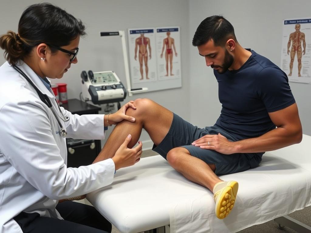 Dokter melakukan penilaian medis pada lutut atlet pasca cedera ACL Dokter melakukan penilaian medis pada lutut atlet pasca cedera ACL
