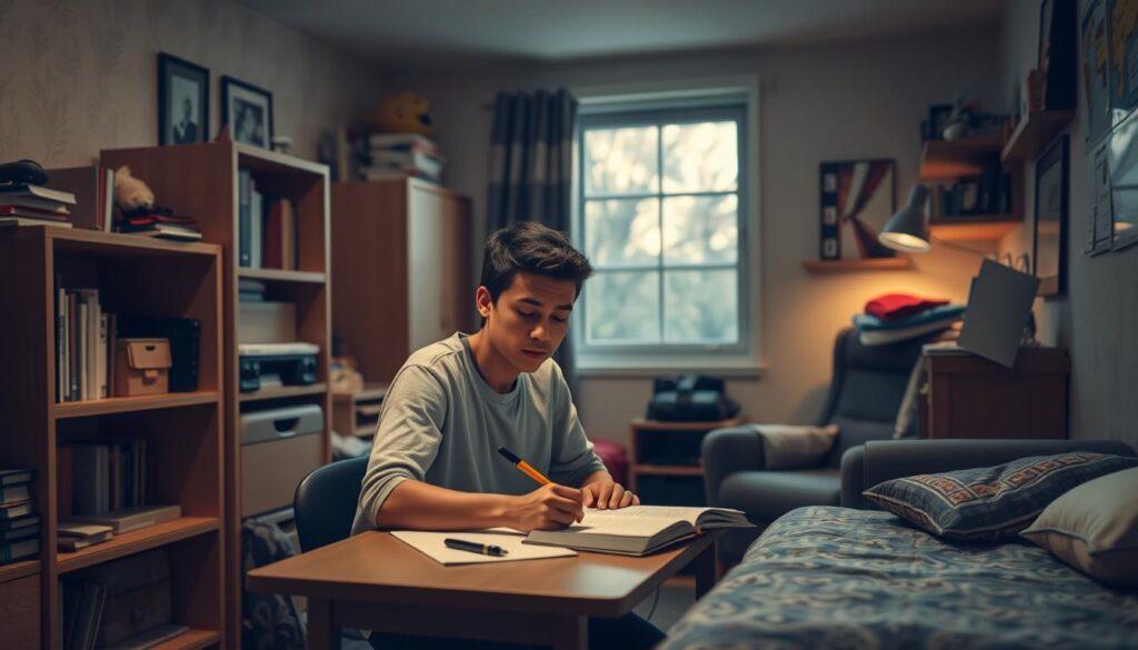 A dorm room interior with warm lighting, showcasing a young person studying intently at a desk, surrounded by personal belongings that reflect their growing independence. The room is neat and tidy, with a bookshelf, a cozy armchair, and a window that lets in natural light, creating a serene and focused atmosphere. The student's expression conveys a sense of self-reliance and discipline, highlighting the development of essential life skills within the dorm environment.
