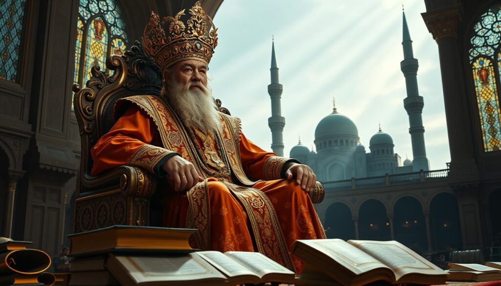 A grand sultan in ornate regalia, seated on a gilded throne, presiding over the spread of Islam across his kingdom. Behind him, a majestic mosque in the background, its minarets piercing the sky. Sunlight streams through stained glass windows, casting a warm, reverent glow. In the foreground, holy books and scrolls are arranged, symbolizing the sultan's devotion to faith and knowledge. The scene conveys a sense of power, spirituality, and the sultan's pivotal role in the growth of Islam in his domain.