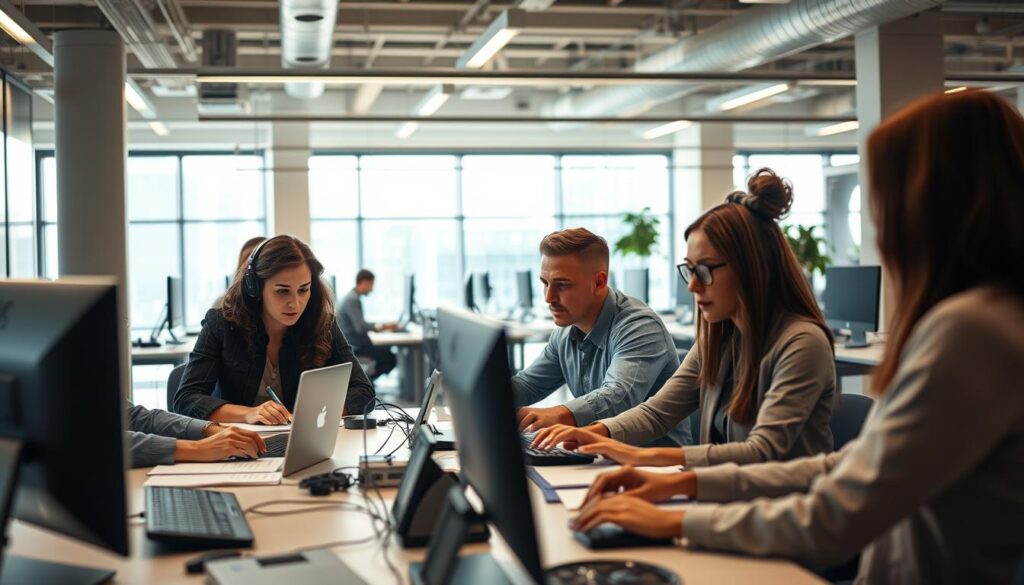 A modern office workspace with employees focused on their tasks. In the foreground, a group of coworkers collaborating around a desk, their expressions engaged and productive. The middle ground features individual workstations with workers typing intently on their computers, efficient time management visible in their body language. The background showcases an open floor plan layout, with natural light streaming in through large windows, promoting a sense of openness and workflow optimization. The lighting is warm and balanced, creating a professional yet inviting atmosphere. The scene conveys a well-organized, harmonious work environment where employees are empowered to maximize their productivity.