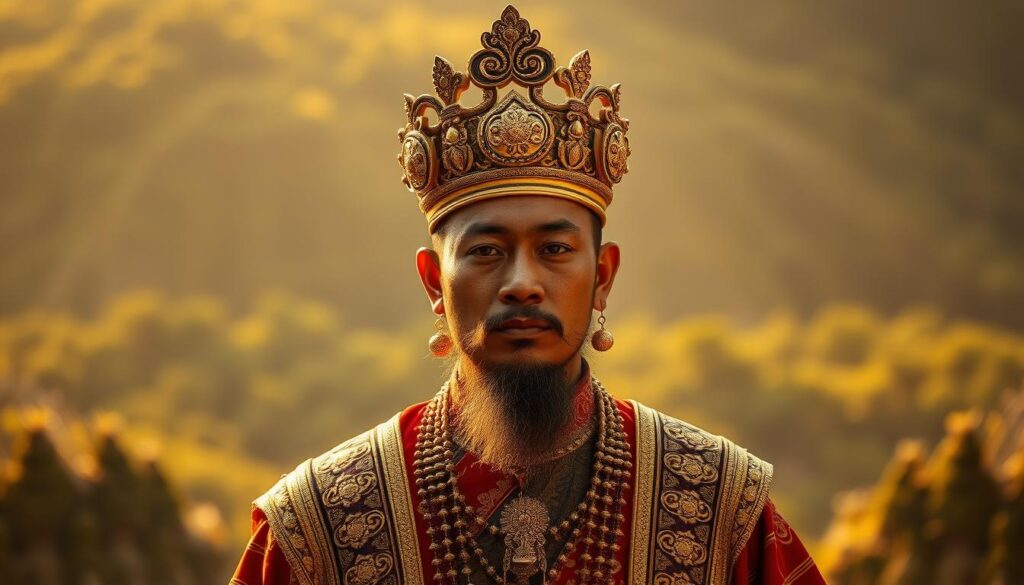 A serene and majestic portrait of Sultan Agung, ruler of the Mataram Sultanate in 17th century Java. The sultan stands tall and proud, his regal attire and ornate headpiece commanding attention. The scene is bathed in warm, golden lighting, casting a soft, reverent glow. The background is a lush, verdant landscape, hinting at the sultan's influence and legacy. The composition is balanced and harmonious, conveying a sense of power, wisdom and benevolence. This image captures the enduring impact of Sultan Agung's reign and his lasting significance in modern Indonesian history and culture.