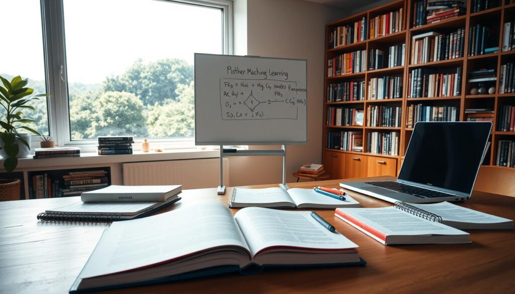 A serene, well-lit classroom scene with a variety of learning resources laid out on a wooden desk. In the foreground, textbooks, notebooks, and a laptop symbolize the foundational knowledge required for a machine learning engineer. The middle ground features a whiteboard displaying a complex algorithm, representing the technical skills being mastered. In the background, a bookshelf filled with programming and data science books, and a large window overlooking a lush, verdant landscape, conveying the breadth of knowledge and the peaceful, contemplative atmosphere of the learning journey. The lighting is soft and natural, creating a warm, inviting ambiance conducive to focused study and skill development.