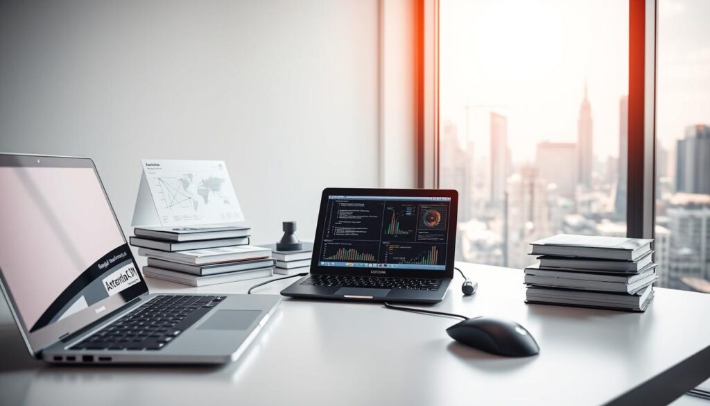 A sleek, minimalist office setting with a focal point on a machine learning engineer's workstation. The foreground features a high-end laptop, a state-of-the-art keyboard, and a modern mouse, all in a clean, monochrome color scheme. In the middle ground, there are technical books, programming manuals, and a tablet displaying complex algorithms and data visualizations. The background showcases a large window overlooking a vibrant city skyline, bathed in warm, natural lighting that casts a serene, contemplative atmosphere. The overall scene conveys the core competencies, tools, and environment of a professional machine learning engineer.