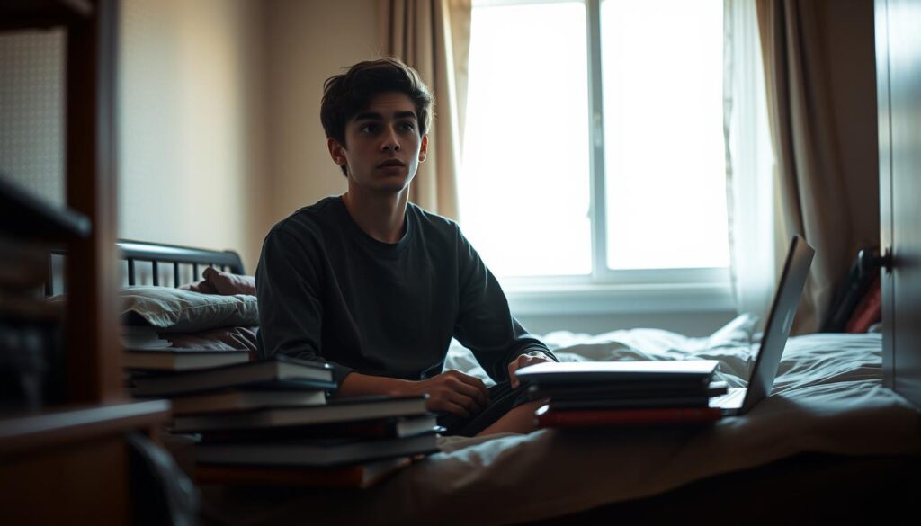 A student sitting on a bed in a dimly lit dormitory room, surrounded by piles of books and a laptop, contemplating the challenges of dorm life. The scene is captured through a warm, muted color palette, with soft natural lighting filtering in through a window, casting gentle shadows. The student's expression conveys a sense of focus, determination, and perhaps a touch of anxiety, as they navigate the academic and social pressures of living in a shared living space. The background features the typical furnishings of a dorm room, hinting at the sense of community and shared experiences that come with dormitory living.