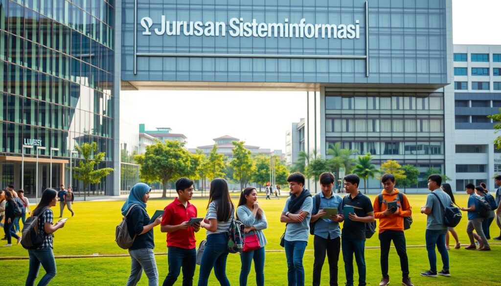 A university campus with a modern architecture, featuring a large glass-paneled building with the words "Jurusan Sistem Informasi" prominently displayed on the facade. In the foreground, a group of students in casual attire are engaged in animated discussions, with laptops and tablets in hand. The middle ground showcases a verdant lawn dotted with trees, and the background reveals other campus buildings, giving an overall impression of a vibrant, technology-driven academic setting. The lighting is a warm, natural glow, capturing the energy and potential of the computer science and information systems program.
