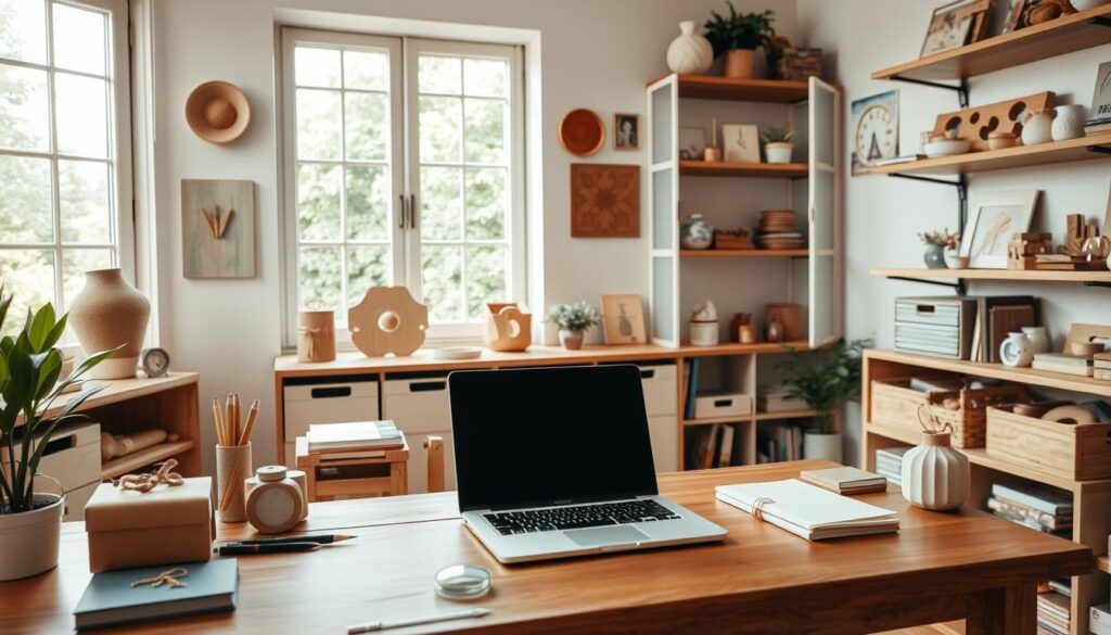 A well-lit and cozy home office setting, featuring a wooden desk with a laptop, stationery, and various handmade products neatly displayed. The walls are adorned with shelves showcasing more handcrafted items, and a large window in the background allows natural light to fill the space, creating a warm and inviting atmosphere. A thoughtful composition with a focus on the online sales aspect, showcasing the process of selling handmade products through a digital platform.