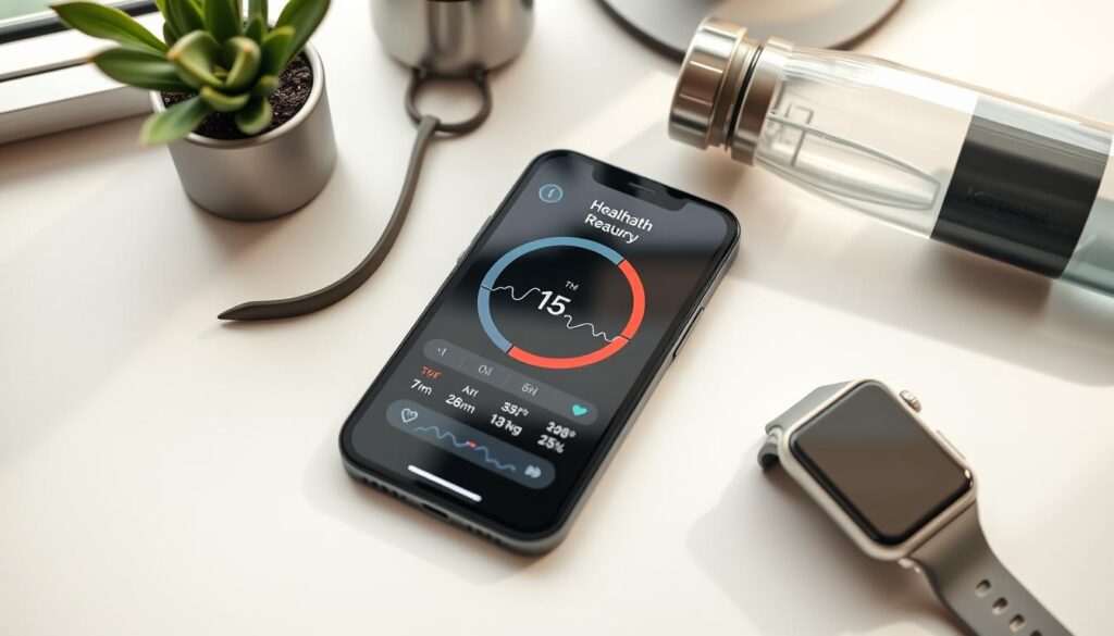 A beautifully arranged flat lay featuring an iPhone 15 on a clean, minimalist desk, showcasing its health features prominently. The iPhone screen displays a health monitoring app with graphs and temperatures, emphasizing its function without clutter. Surround the device with fitness-related items like a smartwatch (Apple Watch alternative) and a sleek water bottle, symbolizing daily health optimization. The background softly blurred to keep the focus on the iPhone, with natural light streaming in from a nearby window, creating a warm and inviting atmosphere. Use a high angle to capture the entire scene, conveying a sense of tranquility and modern wellness lifestyle, perfect for everyday health management.
