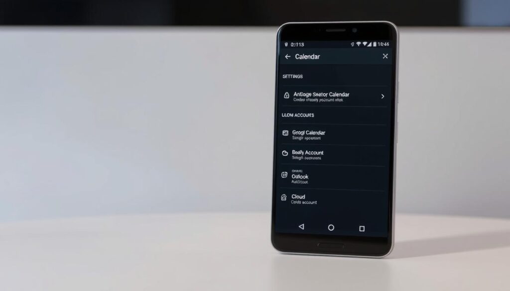 A clean, well-organized Android calendar interface against a softly blurred background. In the foreground, the calendar app's settings and sync options are displayed, with clear icons and labels for Google, Outlook, and iCloud account integration. The overall scene has a sleek, minimalist aesthetic, with subtle lighting and a calming, professional atmosphere to convey the app's ease of use and reliable cross-platform synchronization.