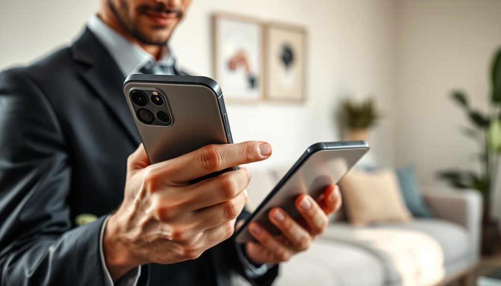 A close-up view of a user interacting with an iPhone 15, showcasing the body's temperature sensor feature. The user, dressed in professional business attire, holds the phone in one hand while gently touching the screen with the other. Soft, natural lighting illuminates the scene, creating a warm and inviting atmosphere. In the background, a cozy living room is subtly blurred, featuring plants and modern decor, emphasizing a comfortable home setting. The focus is sharply on the iPhone and the user’s expression of curiosity and engagement, reflecting a genuine user experience with this advanced technology. The angle is slightly tilted, capturing both the phone and the user's face for an intimate feel.