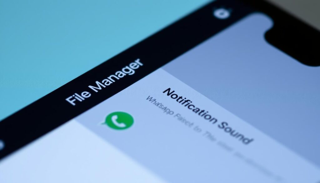 A detailed close-up shot of a mobile device screen, showcasing the File Manager interface with a WhatsApp notification sound file. The screen is well-lit, with a clean and minimalist design, highlighting the file management process. The notification sound file is prominently displayed, with a clear and legible filename. The overall mood is one of focus and simplicity, conveying the straightforward nature of the described task. The camera angle is slightly tilted, providing a dynamic and engaging perspective.