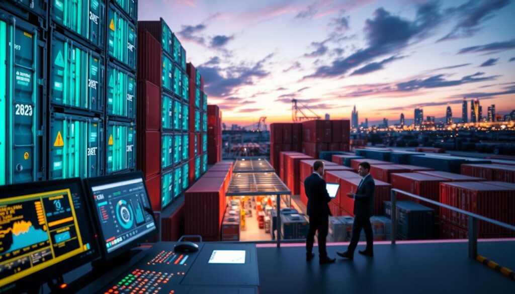 A modern platform container scene, showcasing a sleek, digital environment filled with vibrant, illuminated shipping containers stacked in complex formations. In the foreground, a high-tech control panel is visible, with glowing screens displaying data and analytics. The middle ground features an expansive warehouse-like setting, bustling with activity—engineers in professional business attire are collaborating over digital displays. In the background, a cityscape at dusk can be seen, with twinkling lights and a sky painted in hues of purple and blue, reflecting the innovation of technology. Soft yet dynamic lighting enhances the modern, energetic atmosphere, while a slight depth of field provides a professional, polished aesthetic. The angle is a slight low view, emphasizing the grandeur of the containers and technology.