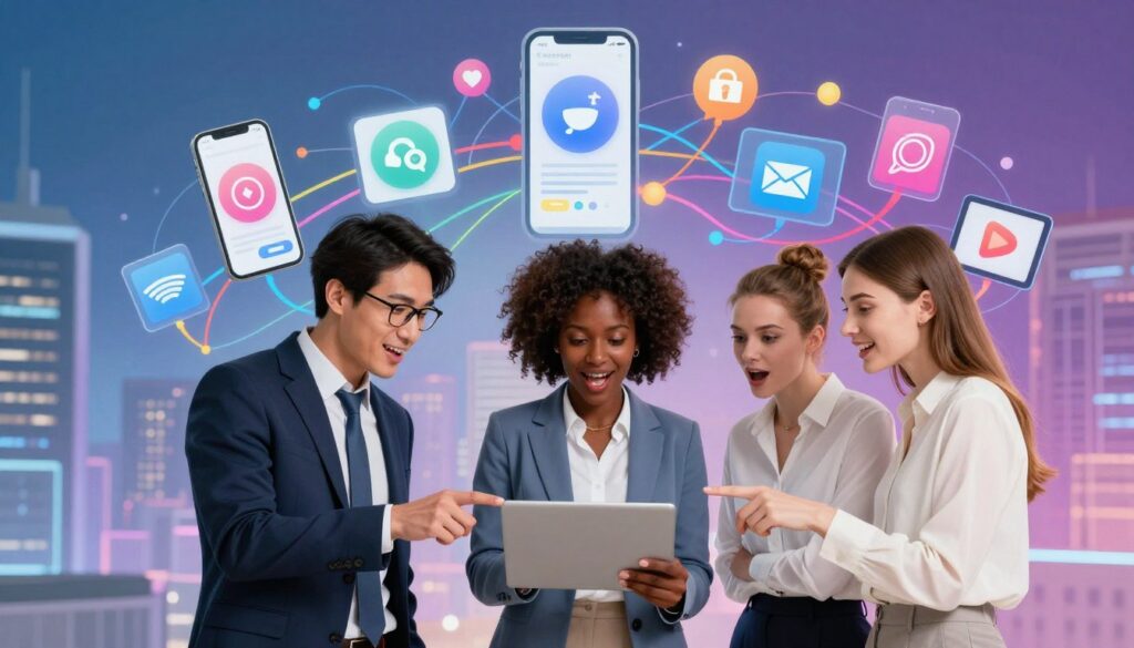 A dynamic and vibrant illustration of social media platform integration, featuring interconnected digital devices like smartphones and tablets displaying various social media icons blending into one another. In the foreground, a diverse group of three individuals in professional attire, one Asian male, one Black female, and one Caucasian female, are engaged in a collaborative discussion, pointing at the screens with excitement. The middle ground shows abstract representations of data flow and connectivity, illustrated by colorful lines and nodes symbolizing interoperability. The background features a futuristic cityscape in soft gradient colors, illuminated by the glow of digital screens. The atmosphere is energetic and innovative, with bright, hopeful lighting that conveys a sense of collaboration and progress in the digital space.