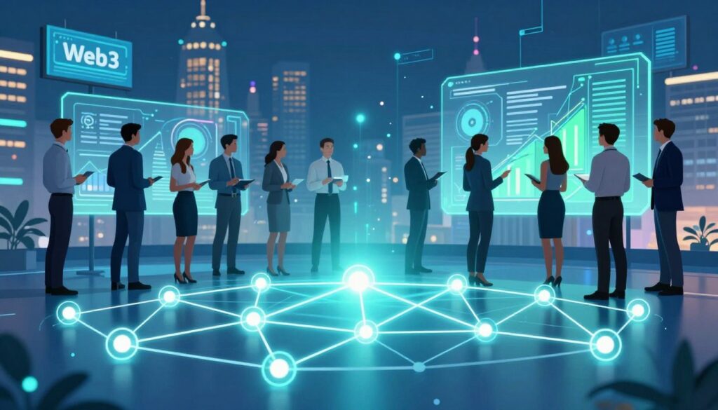A futuristic illustration representing blockchain technology as the backbone of Web3 social media. In the foreground, a stylized blockchain network with interconnected digital nodes and glowing lines, symbolizing data security and transparency. The middle ground features a diverse group of professionals in business attire, discussing and analyzing blockchain visuals on transparent screens, reflecting collaboration and innovation. The background showcases a vibrant cityscape with digital billboards, signifying a tech-driven society. Soft blue and green lighting enhances the technological theme, while a slight glow around the blockchain nodes creates a sense of dynamism. The overall mood is optimistic and forward-looking, capturing the essence of connectivity and modern digital communication.