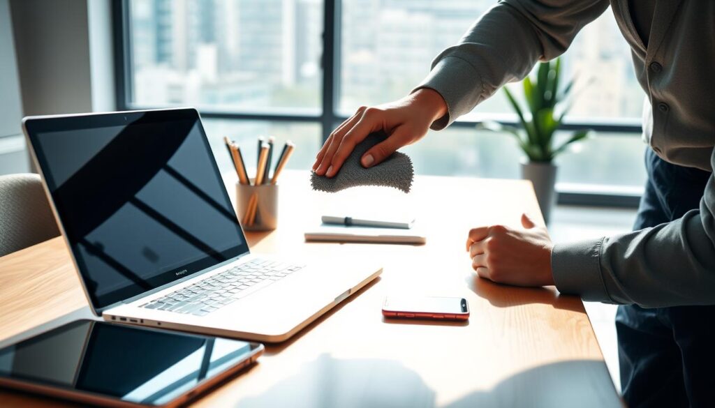 A modern workspace featuring a sleek laptop, a tablet, and a smartphone, all placed on a minimalist wooden desk. In the foreground, an individual dressed in smart casual attire is carefully cleaning the screen of the laptop with a microfiber cloth, demonstrating gadget care. The middle ground showcases organizational accessories like a planner and a potted plant, adding a touch of professionalism. The background presents a bright and airy office environment with large windows allowing natural light to flood the space, enhancing the atmosphere of productivity. Soft shadows and highlights showcase the technology’s design, emphasizing its sleek features. The overall mood is focused and motivating, encouraging optimal gadget maintenance for enhanced productivity.