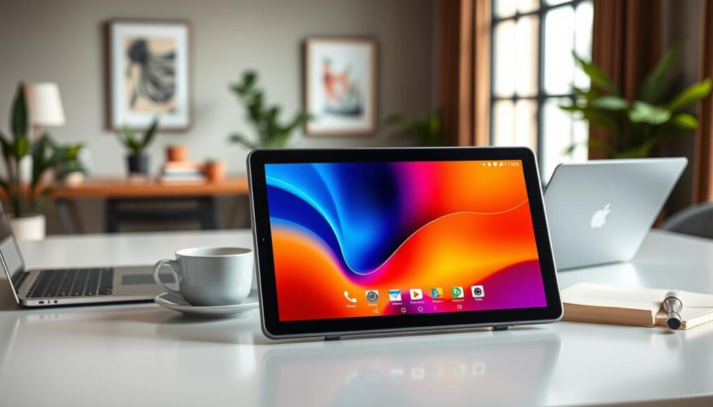 A sleek Infinix XPAD 4G tablet with expansive storage displayed prominently in the foreground, showcasing its elegant design with a high-resolution screen reflecting vibrant colors. Surround the tablet with a modern workspace setting, featuring a minimalistic desk with a laptop, notes, and a stylish coffee mug in the middle ground. In the background, softly blurred, there are hints of a well-lit office environment with green plants and artful decor, creating an inviting atmosphere. Utilize soft, natural lighting to highlight the tablet's features, with a slight overhead angle that captures the device's dimensions and clarity. The mood is focused and productive, ideal for illustrating efficiency and contemporary technology.