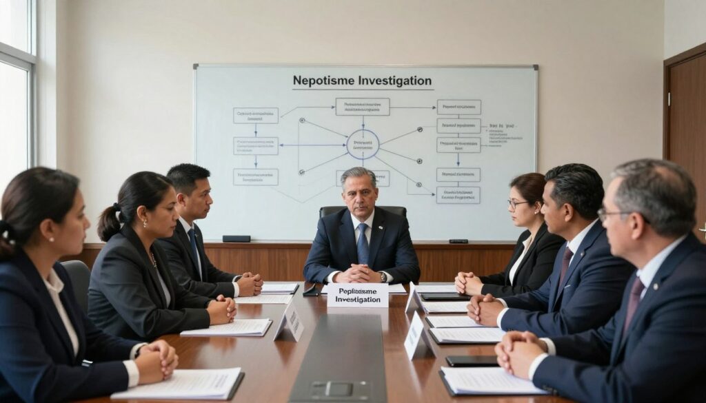 A solemn office environment portraying a meeting room in a government building. In the foreground, a group of diverse professionals in formal business attire, including men and women of various ethnicities, engage in a serious discussion around a conference table strewn with documents labeled "Nepotisme Investigation" and "Political Positions." The middle ground features a large whiteboard displaying flowcharts and connection diagrams indicative of nepotism and connections within local government. In the background, a large window allows natural light to flood the space, casting soft shadows, creating a tense but professional atmosphere. The overall mood conveys urgency and concern over political ethics in local governance, emphasizing the impact of nepotism in public service.