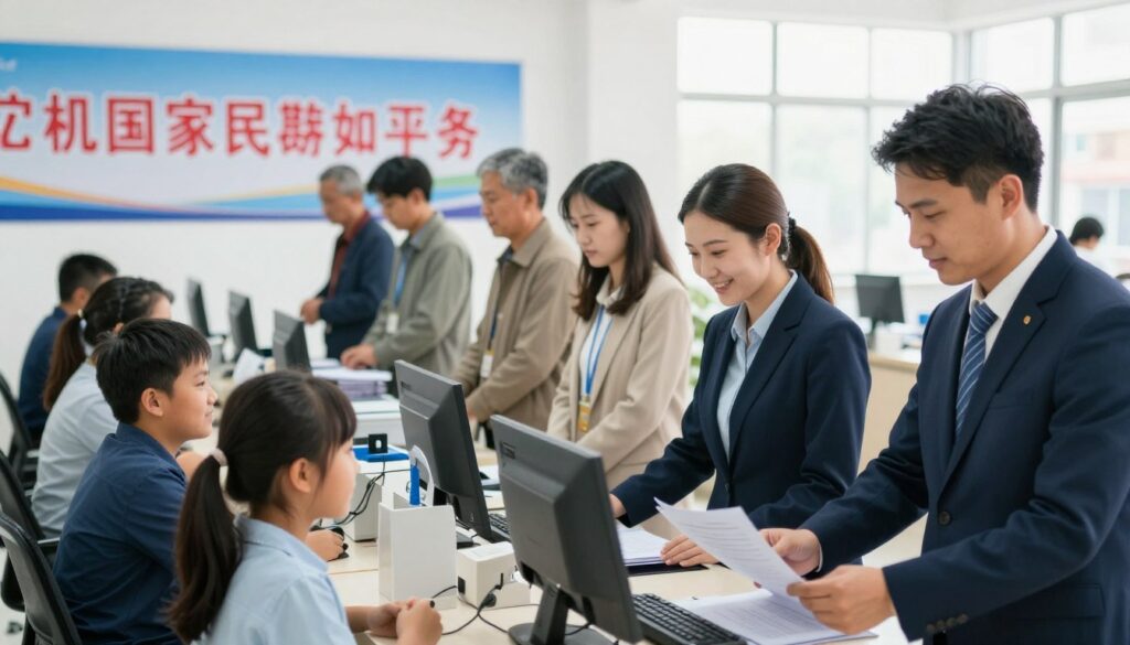 A vibrant and bustling public service office scene, filled with diverse government employees interacting with citizens. In the foreground, a professional woman in a smart business suit assists a smiling family at a service desk, while a man in formal attire reviews paperwork. In the middle, a large banner highlights community engagement, and several citizens stand in line, demonstrating patience and hope. The background features large windows letting in bright, natural light, emphasizing a welcoming atmosphere. The overall mood conveys efficiency and dedication to public service, with a focus on transparency and accessibility. Capture this moment from a slightly elevated angle to show the interactions clearly, with soft focus on the background for depth.