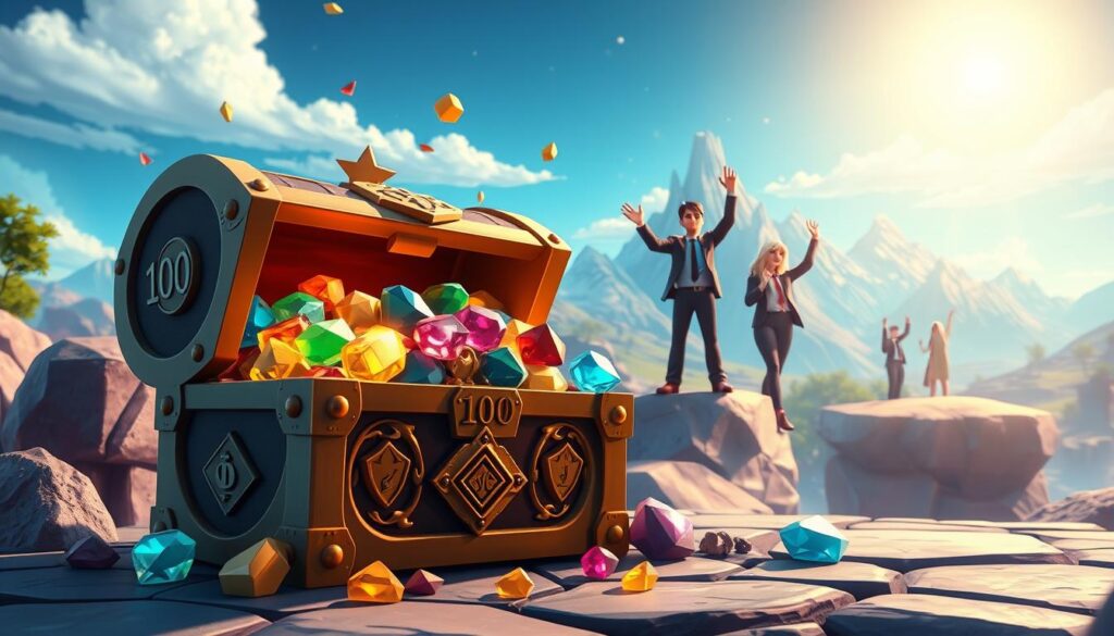 A vibrant and engaging digital illustration depicting a gaming-themed treasure chest overflowing with rewards, including colorful gems and unique in-game items symbolizing the "100 Point" reward from a hidden quest. In the foreground, the treasure chest is ornate, embellished with glowing runes and a soft golden light emanating from within. The middle layer features a stylized, simulated game environment with virtual landscapes, character avatars in professional business attire celebrating their achievement. In the background, a fantasy world with majestic mountains and a clear blue sky enhances the atmosphere of adventure and fulfillment. The scene is illuminated with bright, captivating lighting to evoke excitement and a sense of achievement, capturing the essence of game rewards and quests.