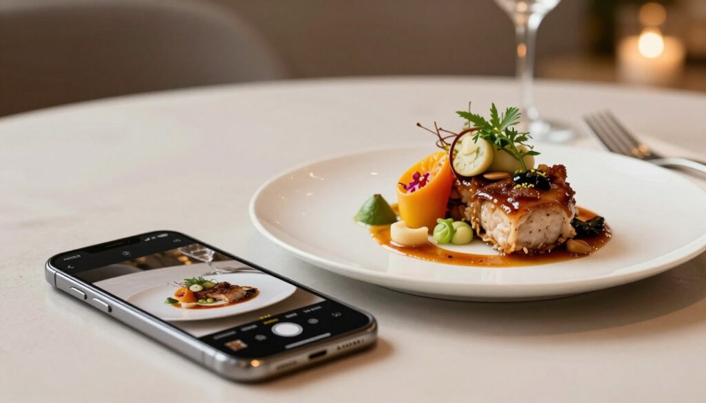 A beautifully arranged, artistic meal showcasing vibrant colors and textures, featuring a gourmet dish delicately plated on a modern, minimalist table setting. In the foreground, a smartphone lies open next to the dish, capturing the scene with a soft focus effect, emphasizing the 3D aesthetic of the food. The middle ground highlights the food, with rich details like glistening sauces and fresh herbs, under a warm, diffused light that enhances the inviting atmosphere. The background is softly blurred, suggesting a chic dining environment with subtle hints of elegant decor. The overall mood is sophisticated yet approachable, perfect for food photography, emphasizing the allure of the Aura Light Food Mode feature.
