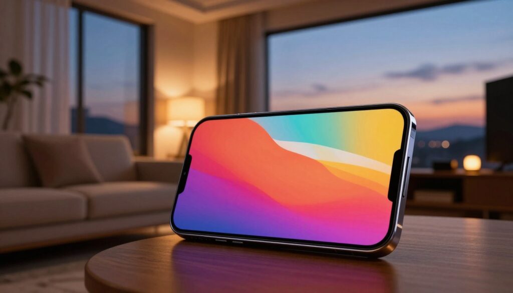 A sleek, modern smartphone with a vibrant, edge-to-edge display prominently showcased in the foreground, highlighting its vivid colors and clarity perfect for movie streaming. The middle ground features a cozy living room setup with a comfortable sofa, soft lighting from a nearby lamp, and a subtle home theater ambiance. In the background, a large window reveals a beautiful evening sky, casting a warm glow throughout the room. The shot is taken from a slightly elevated angle with a shallow depth of field, emphasizing the smartphone's screen. The overall mood is inviting and cinematic, suggesting an ideal environment for enjoying films on the best smartphone display of 2024.